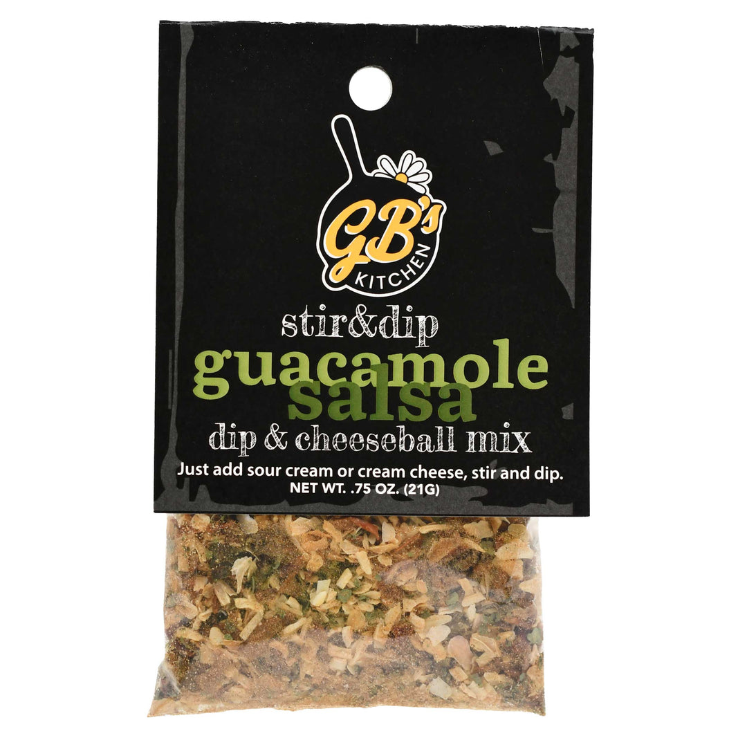 GB's Kitchen guacamole salsa dip & cheeseball mix packaging on a white background