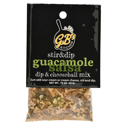 GB's Kitchen guacamole salsa dip & cheeseball mix packaging on a white background