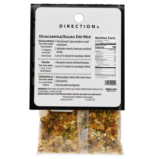Directions Guacamole/Salsa Dip Mix packaging with ingredients and nutrition facts on a white background