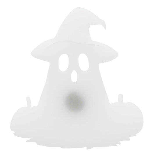 A white ghost-shaped Halloween decoration with a pointed witch hat, cut-out eyes and mouth, and small stem details, shown on a plain white background.