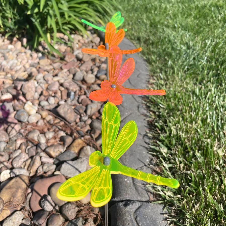 A four pack of glowing dragonflies in rocks. Colors: Orange, Green, Pink, and Yellow