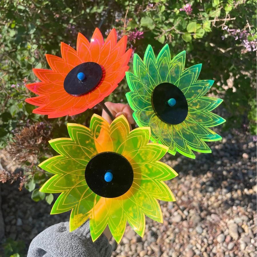 A three pack of glowing sunflowers being held in front of a bush. Colors: Yellow, Green, and Pink