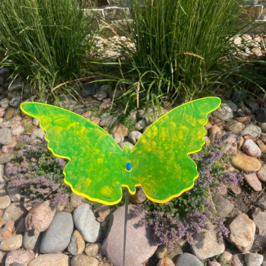 A yellow glowing butterfly on rocks