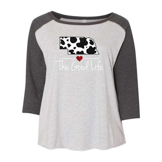 Gray and white baseball shirt with cow print and heart design on a white background