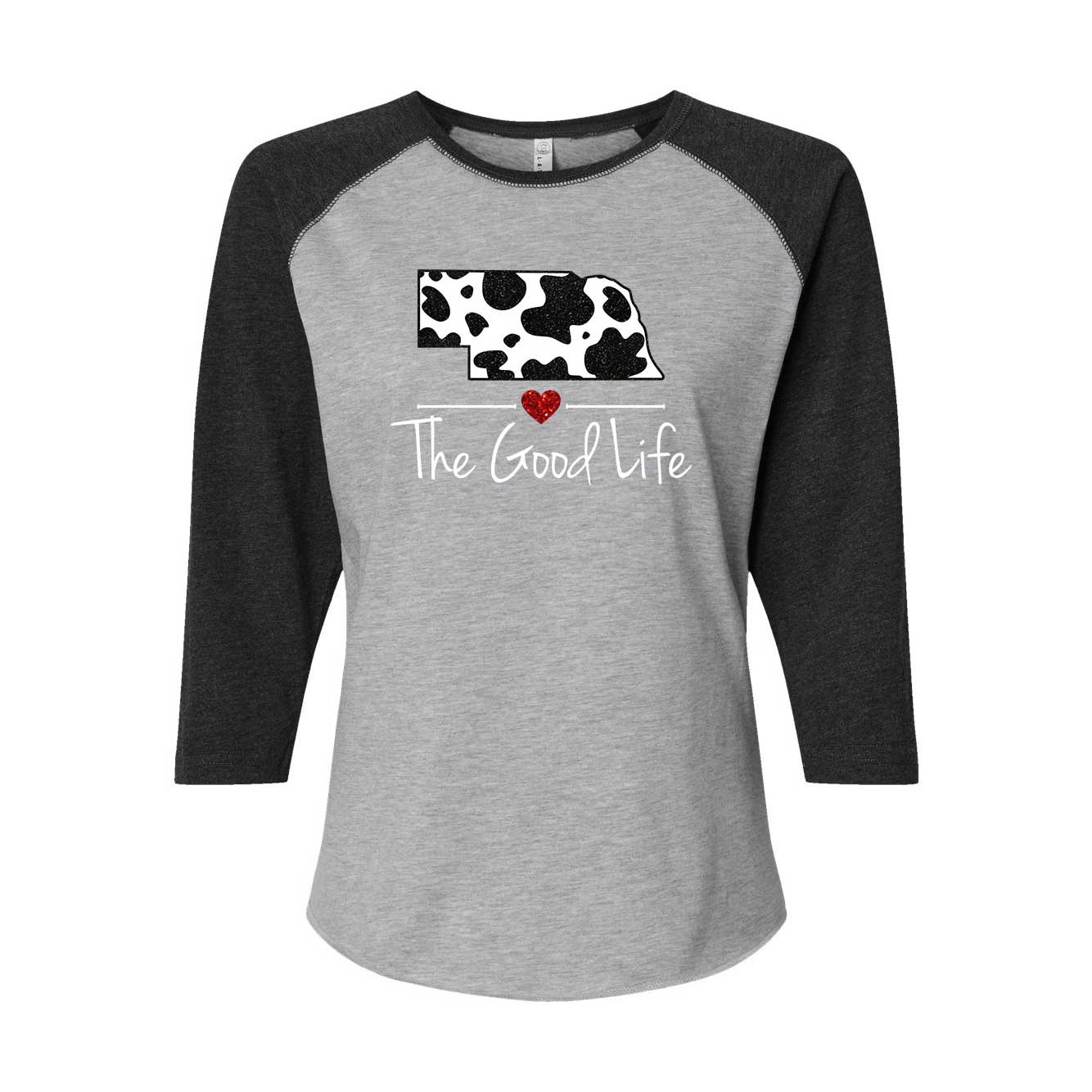 Gray and black baseball shirt with cow print and 'The Good Life' text on a white background