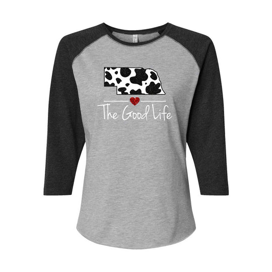Gray and black baseball shirt with cow print and 'The Good Life' text on a white background