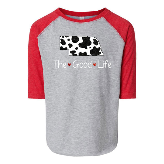 “The Good Life” Cow Print Nebraska Toddler Raglan Tee | Multiple Sizes | Nature Finds & Designs | NFD333