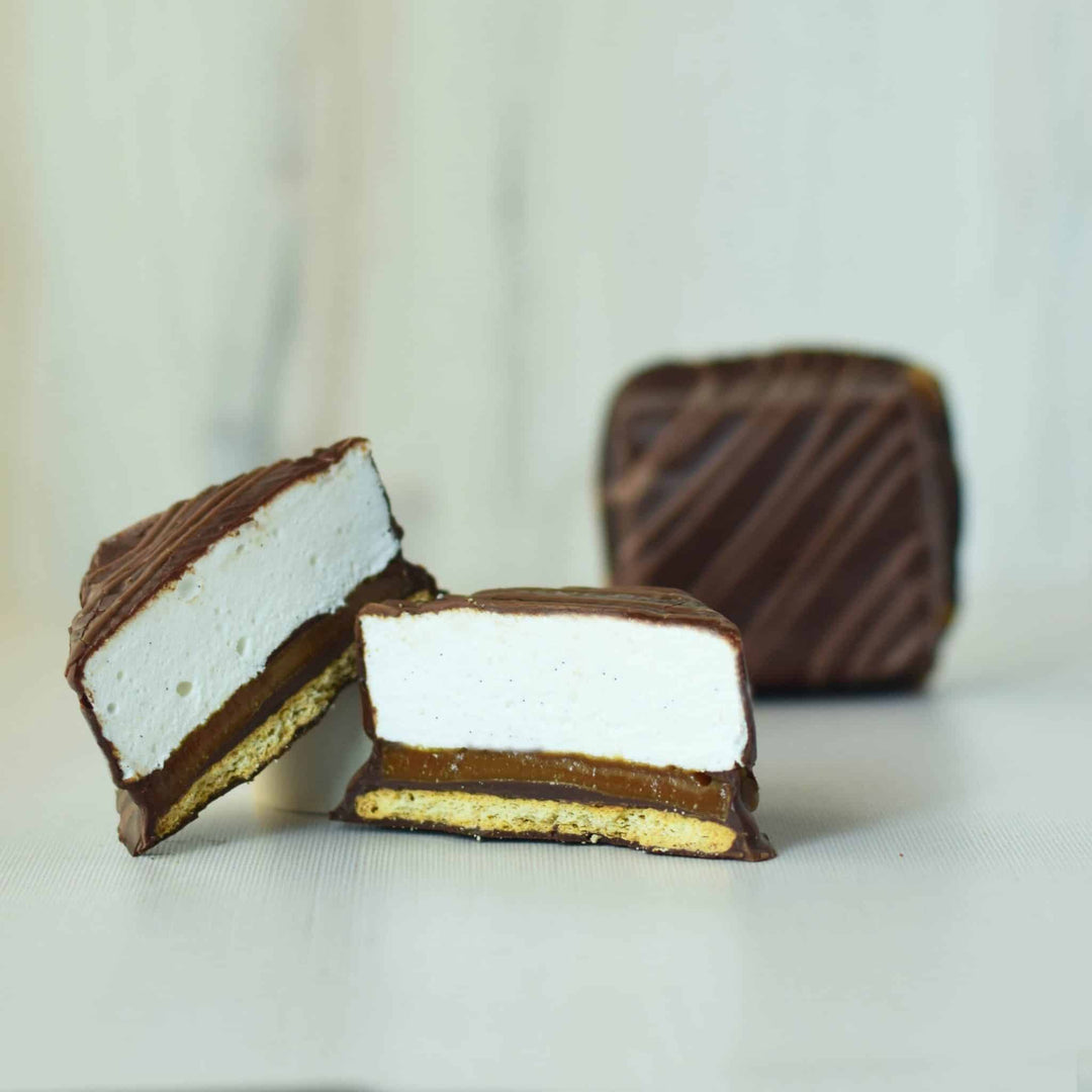 Chocolate-covered marshmallow bar cut in half on a light background