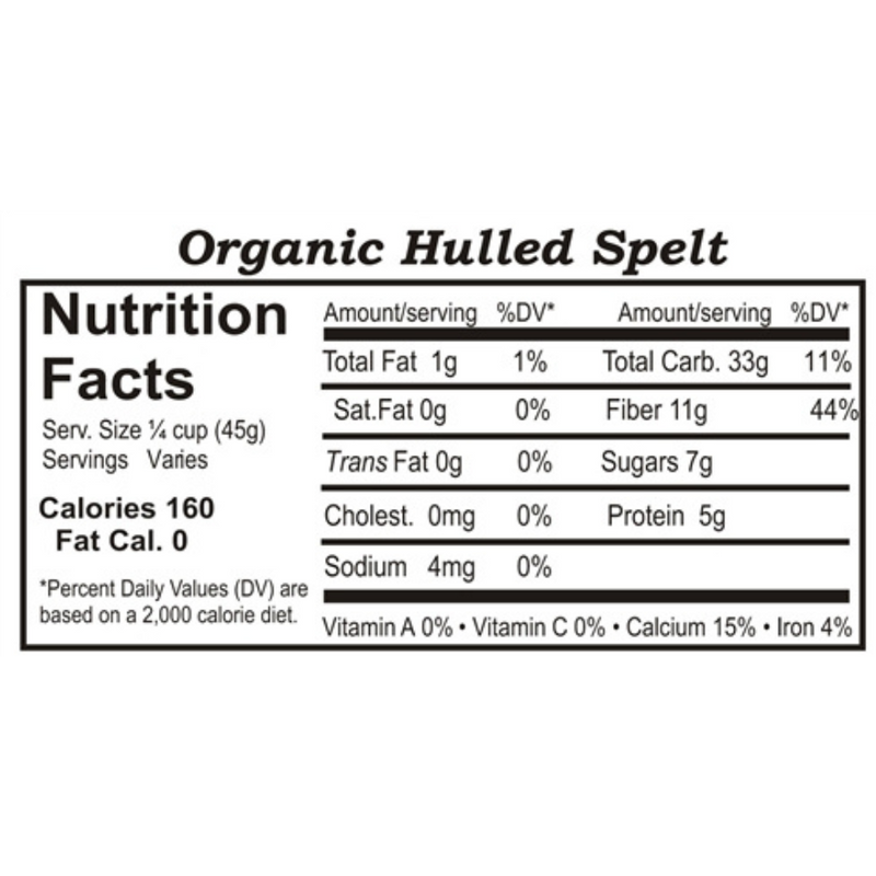 Nutrition Label For Organic Hulled Spelt 