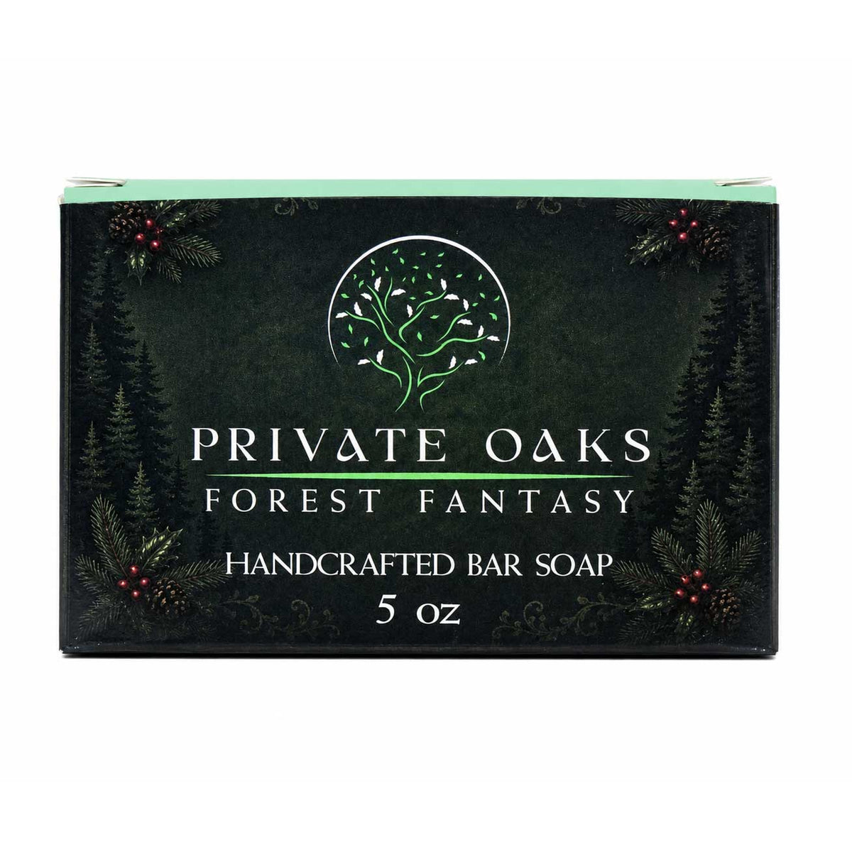 Private Oaks Forest Fantasy Handcrafted Bar Soap 5 oz box, featuring a dark forest green background with pine tree silhouettes, red berries, and a green tree logo in the center.