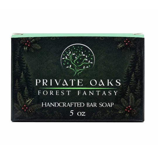 Private Oaks Forest Fantasy Handcrafted Bar Soap 5 oz box, featuring a dark forest green background with pine tree silhouettes, red berries, and a green tree logo in the center.