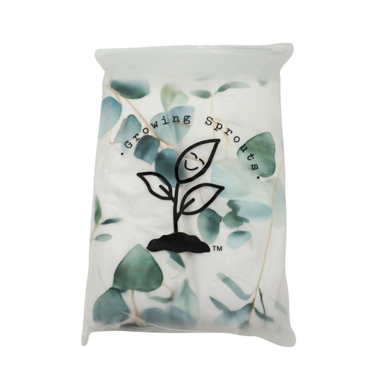 Product packaging with 'Growing Sprouts' logo and leaf design on a white background