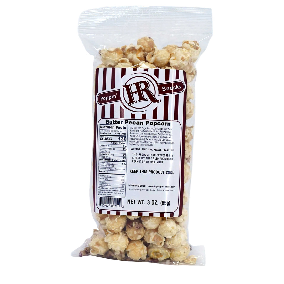 Bag of Butter Pecan Popcorn with a visible label on a white background