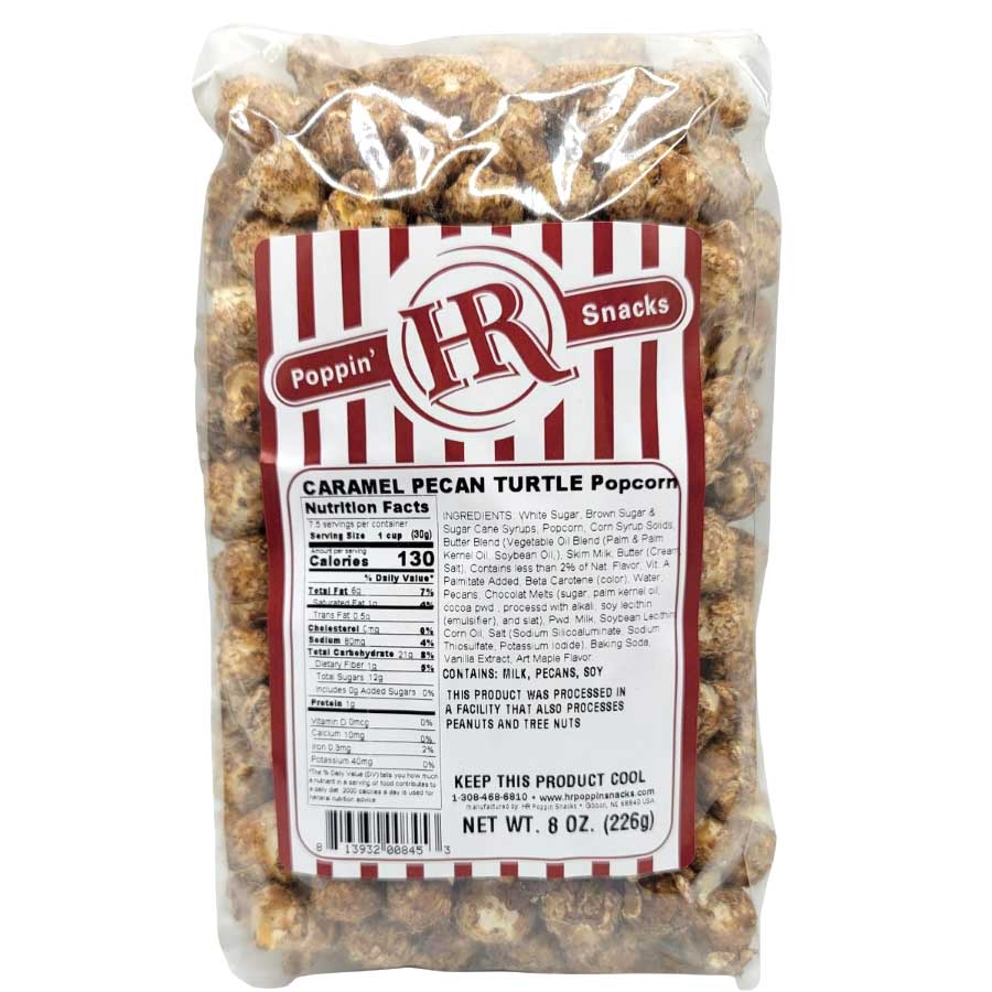 Caramel Pecan Turtle Popcorn | 8 oz. | Pack of 3 | Caramel & Chocolate Coated Popcorn | Crunchy Pecans | Made in Gibbon, NE | HR Poppin' Snacks