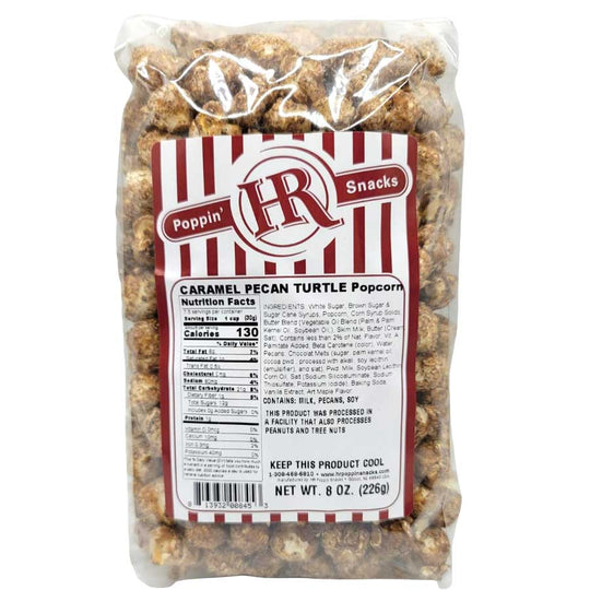 Caramel Pecan Turtle Popcorn | 8 oz. | Caramel & Chocolate Coated Popcorn | Crunchy Pecans | Made in Gibbon, NE | HR Poppin' Snacks