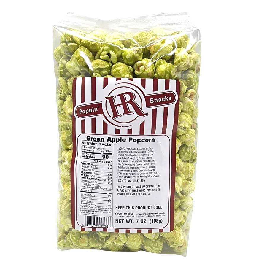 Green Apple Popcorn | Pack of 3 | 7 oz. | Tart Candy Coating | Green Colored Popcorn | Gourmet Snack | Made in Gibbon, NE | HR Poppin' Snacks