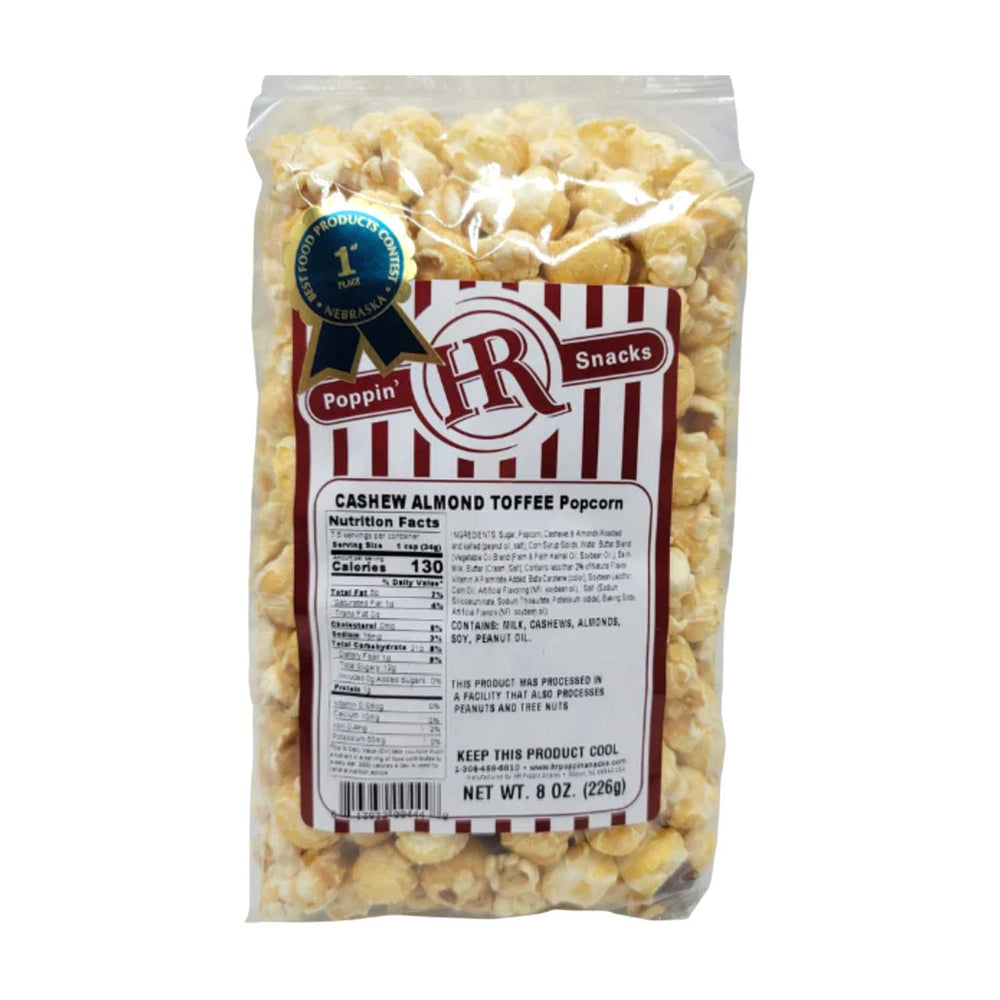 Cashew Almond Toffee Popcorn | Pack of 3 | 8 oz. | Blue Ribbon Award | Toffee-Coated Popcorn | Topped With Cashew & Almond Blend | Made in Gibbon, NE | HR Poppin' Snacks