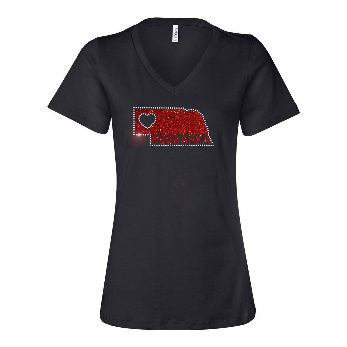Black V-neck t-shirt with red heart and text design on a white background
