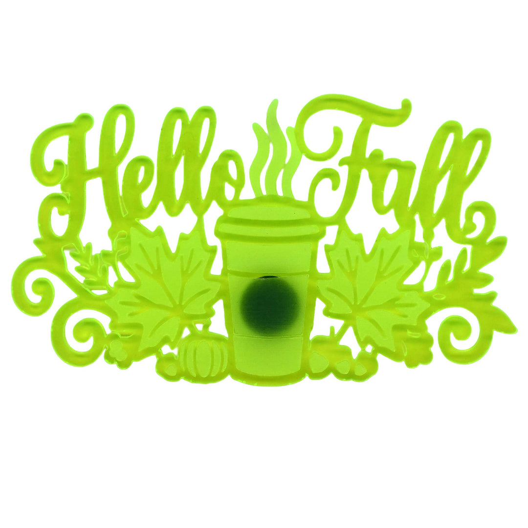 A bright neon yellow-green decorative sign reading 'Hello Fall' with autumn-themed cutout details including maple leaves, pumpkins, and a coffee cup, shown on a plain white background.