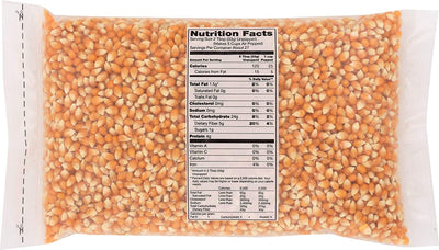 Back of Hilger's Gourmet Popcorn 2lb. bag  with Nutrition Facts Shown