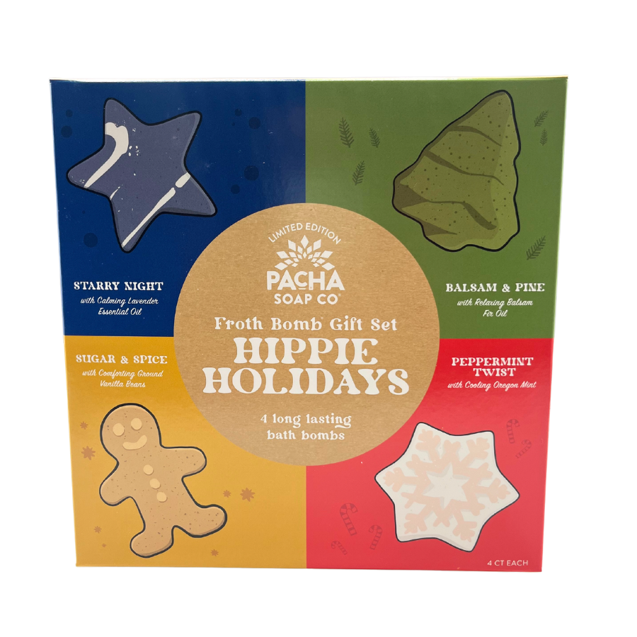 Bath Bomb Gift Set | Hippie Holidays | Stocking Stuffer | 4 Bath Bombs | Made in Hastings, NE | Pacha Soap Company