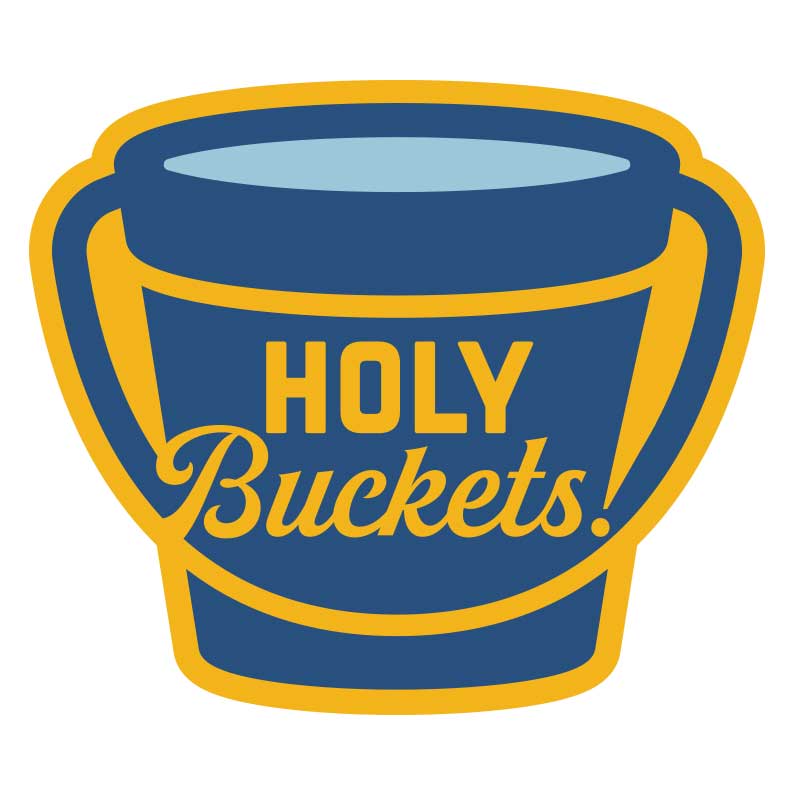 A die-cut sticker or decal shaped like a blue bucket with yellow outlines and handles, featuring the text 'HOLY Buckets!' in yellow on a white background.