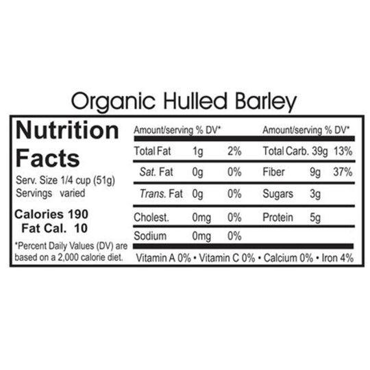 Nutrition Label For Organic Hulled Barley