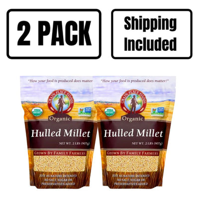 Two 2 Pound Bags Of Organic Hulled Millet On A White Background