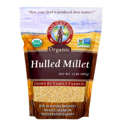 One 2 Pound Bag Of Organic Hulled Millet On A White Background