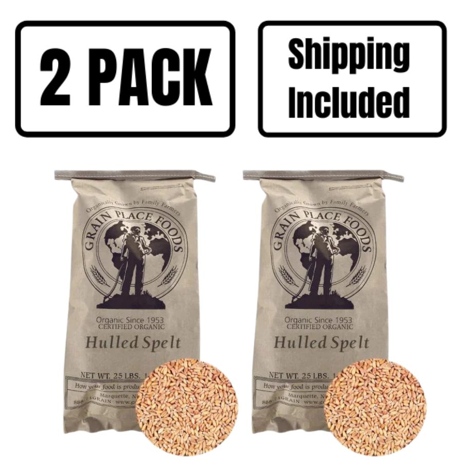 Two 25 Pound Bags Of Organic Hulled Spelt On A White Background