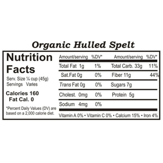 Nutrition Label For Organic Hulled Spelt