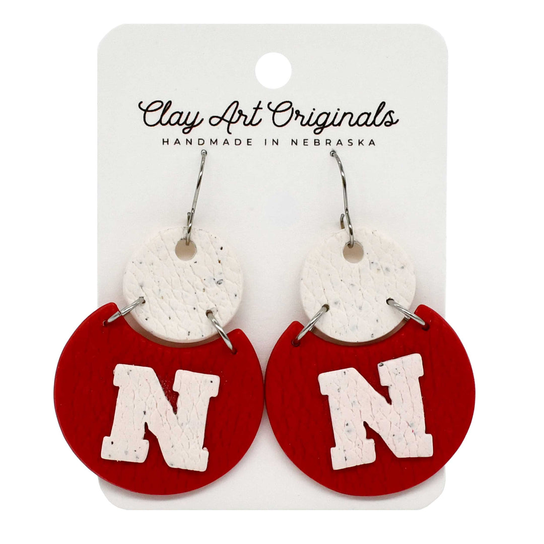 Husker "N" Red and White Dangle Polymer Clay Earrings | Clay Art Originals