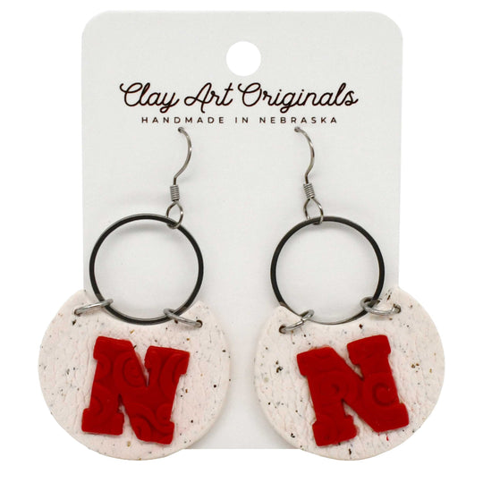 Husker "N" White Dangle Polymer Clay Earrings | Clay Art Originals