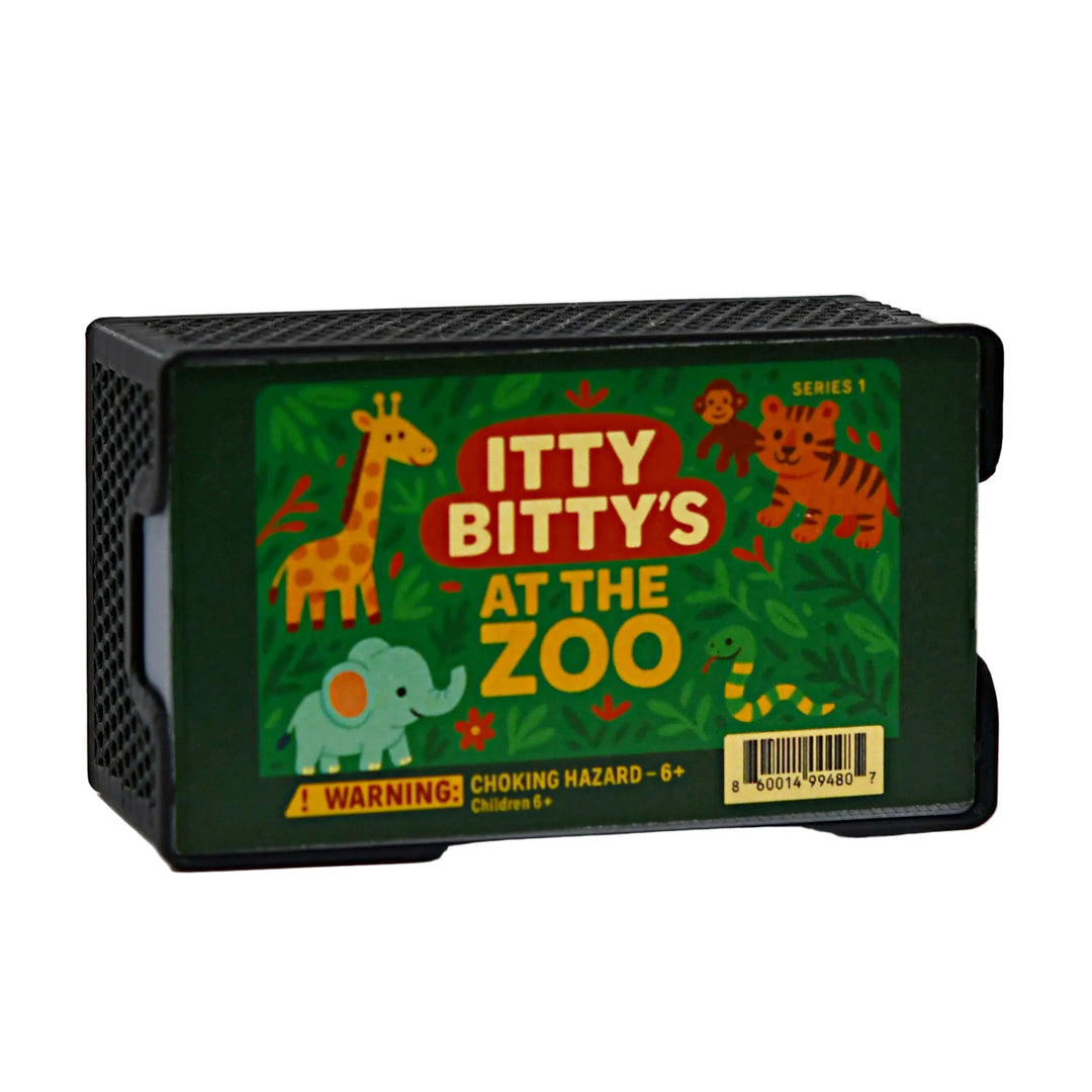 Toy packaging with 'Itty Bitty's at the Zoo' on a white background