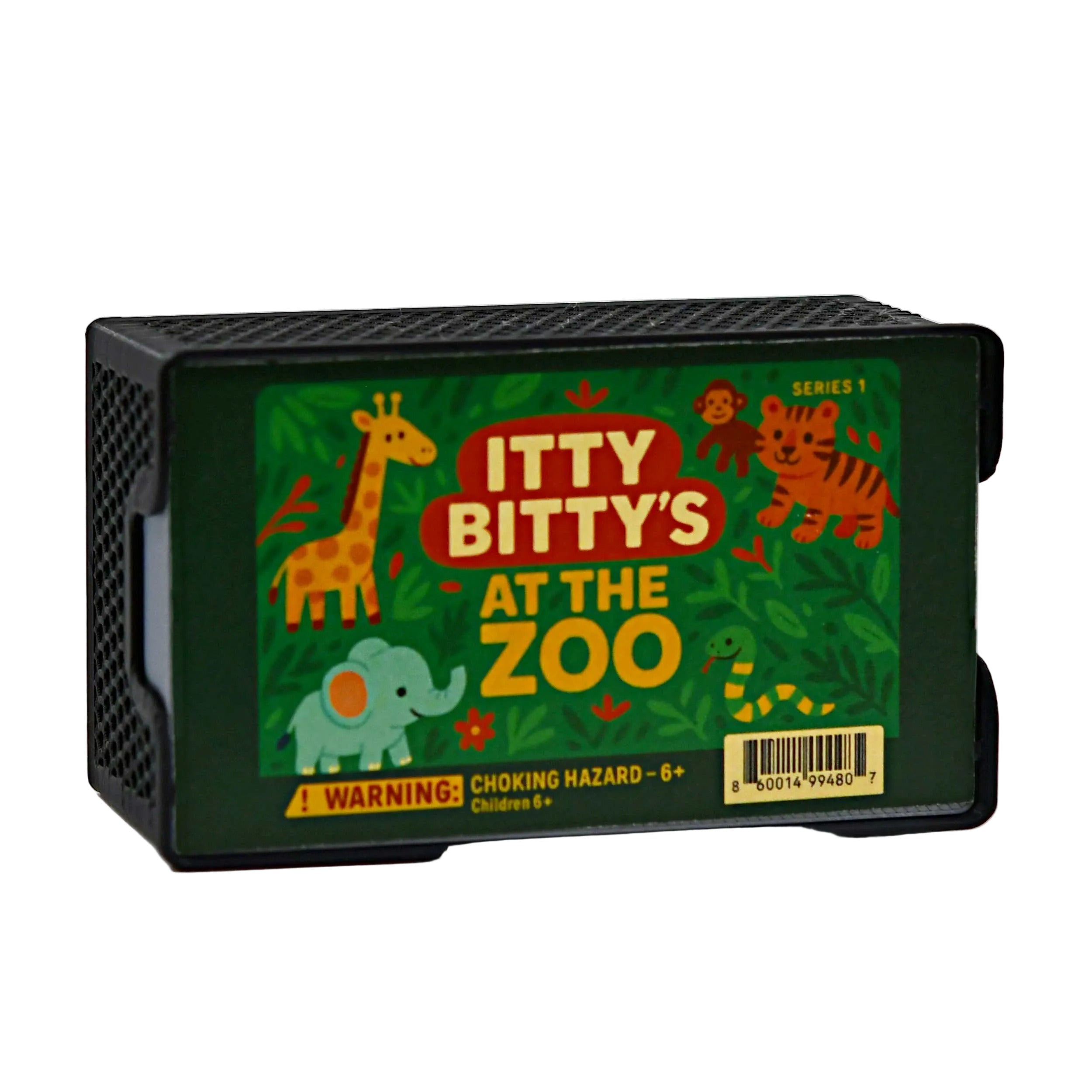 Toy packaging with 'Itty Bitty's at the Zoo' on a white background