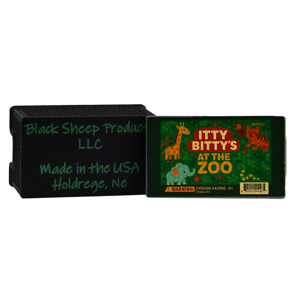 Toy packaging with 'Black Sheep Products LLC' branding and 'Itty Bitty's at the Zoo' illustration.
