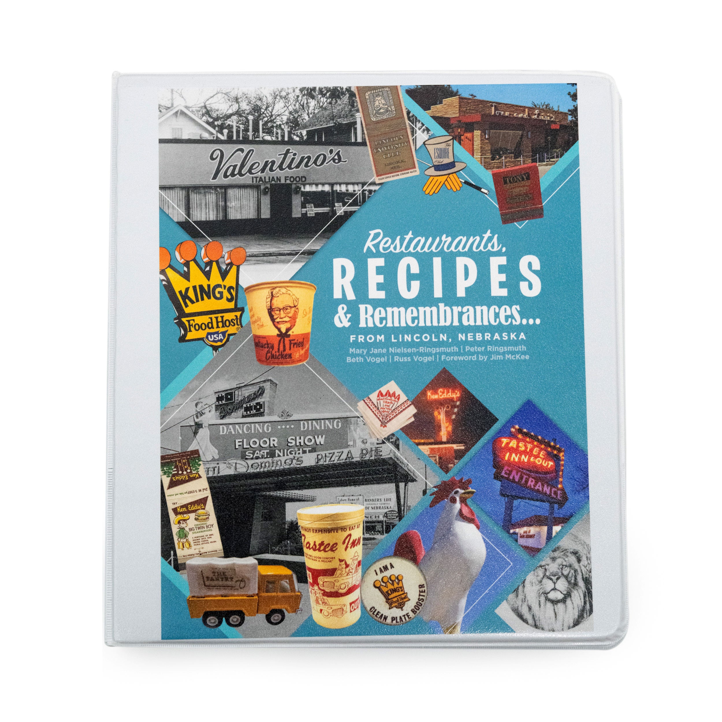 A cover image of a three-ring cookbook titled 'Restaurants, Recipes & Remembrances from Lincoln, Nebraska' featuring various restaurant-themed graphics and text.