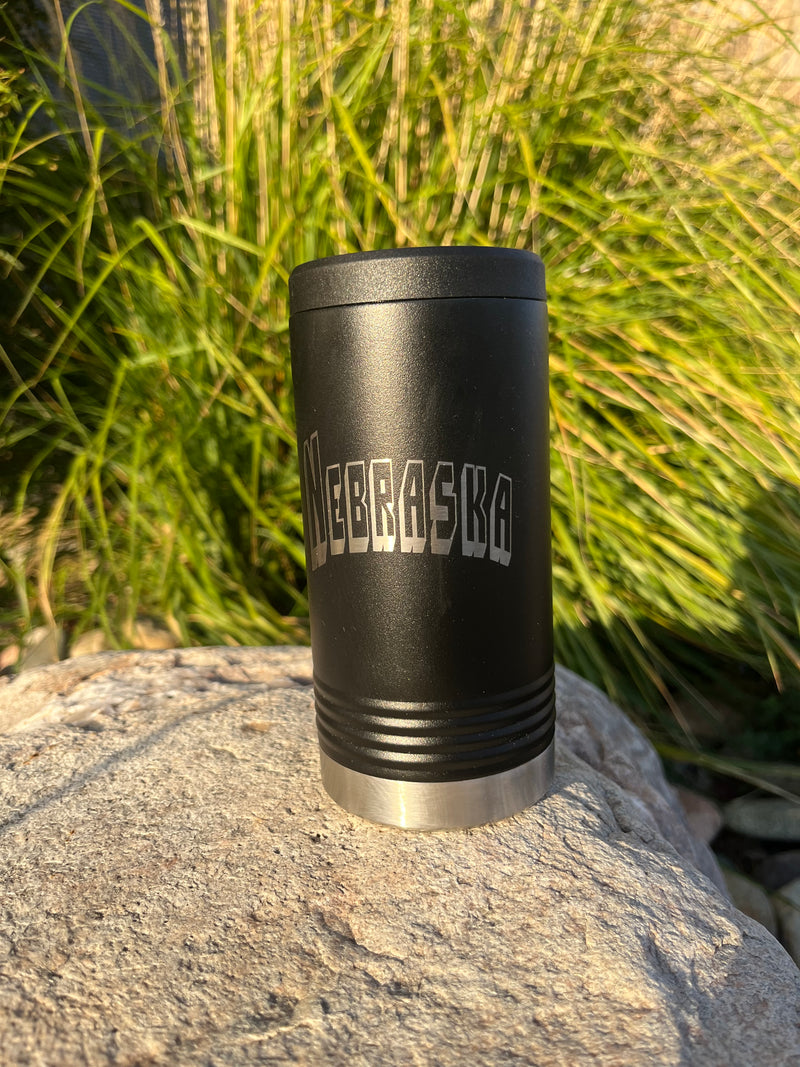 Slim Can Cooler | Insulated Koozie | Nebraska Engraved | Black | Perfect Gift For Him or Her | Keeps Drinks Cold For Long Periods of Time | Hand Crafted | Double Insulated Wall