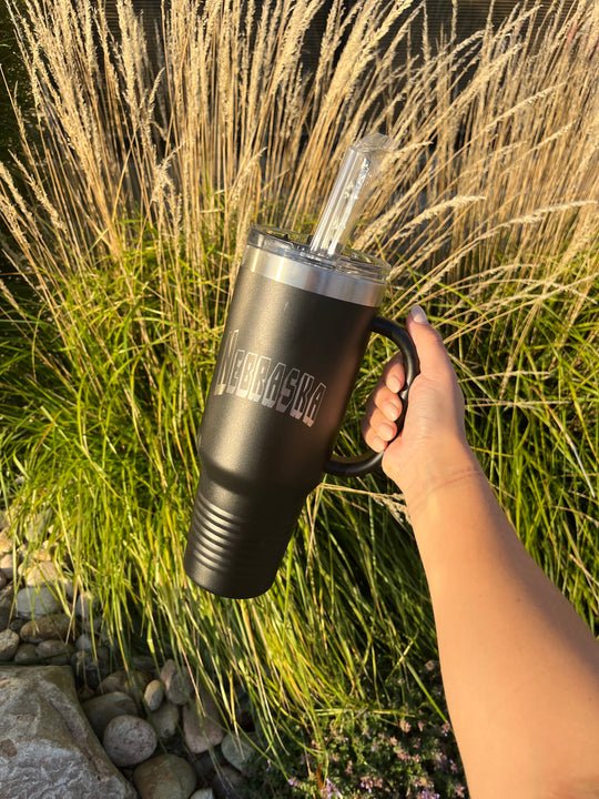 40 oz. Stainless Steel Water Bottle With Handle | 40 oz. | Nebraska Engraved | Black | Made in Alda, NE | RCK Creations & More