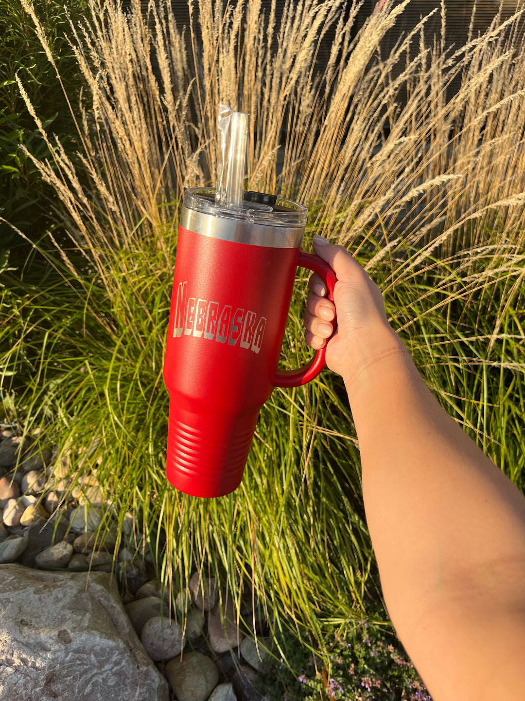 40 oz. Stainless Steel Water Bottle With Handle | 40 oz. | Nebraska Engraved | Red | Made in Alda, NE | RCK Creations & More