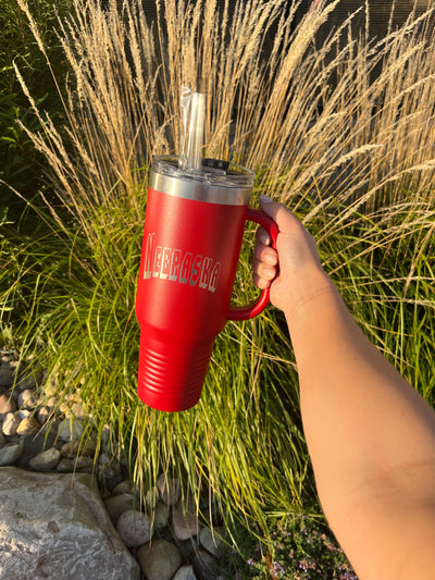 Vacuum Insulated Water Bottle With Handle | 40 oz. | Nebraska Engraved | Red | Straw and Spill-Proof Lid Provided | Stanley Travel Mug Dupe | Made With Durable Materials | Keeps Drinks Cold and Hot | Double Insulated Wall