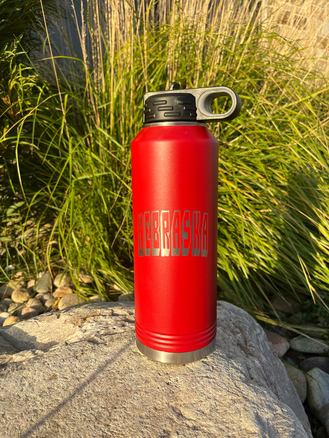 40 oz. Stainless Steel Water Bottle | Nebraska Engraved | Red | Straw and Flip Lid Included | Made in Alda, NE | RCK Creations & More