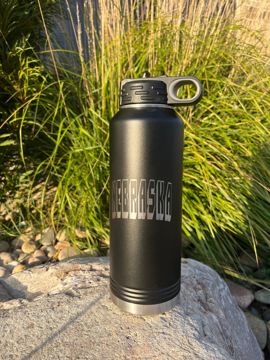 40 oz. Stainless Steel Water Bottle | 40 oz. | Nebraska Engraved | Black | Straw and Flip Lid | Made in Alda, NE | RCK Creations & More