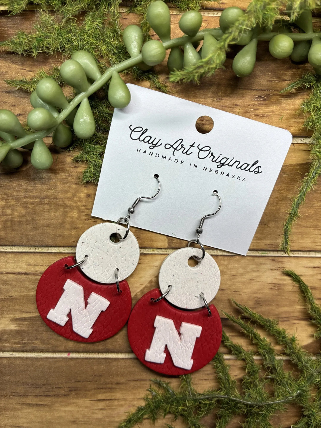 Husker "N" Red and White Dangle Polymer Clay Earrings | Clay Art Originals