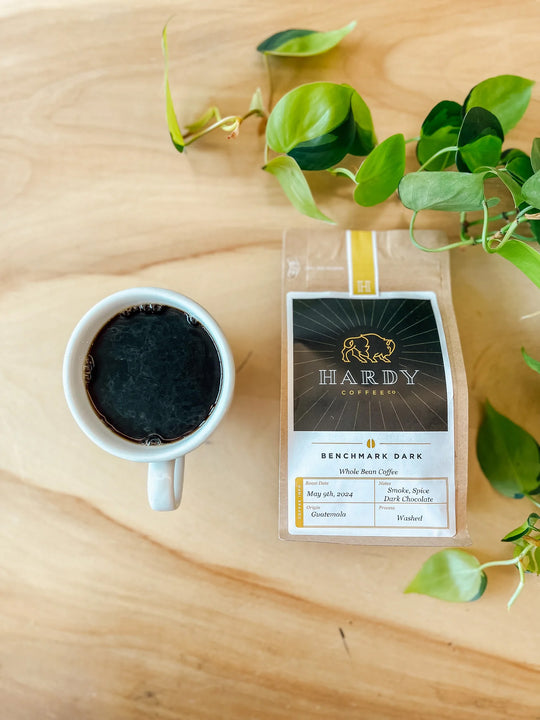 Benchmark Dark Blend Coffee | Multiple Grinds & Sizes | Smoke, Spice & Dark Chocolate Notes | Colombia | Roasted in Omaha, NE | Hardy Coffee