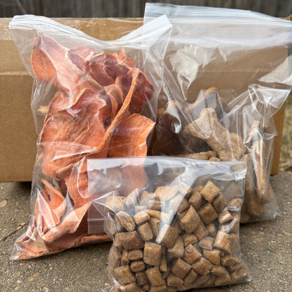 Three clear plastic bags containing different types of dog treats on a concrete surface.