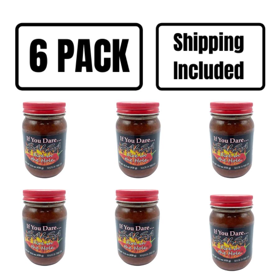 A six pack of If You Dare Salsa: Fire in the Hole on a white background
