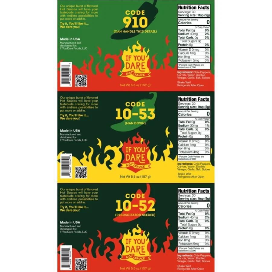 The nutrition fact labels for a variety of If You Dare Hot Sauce on a white background