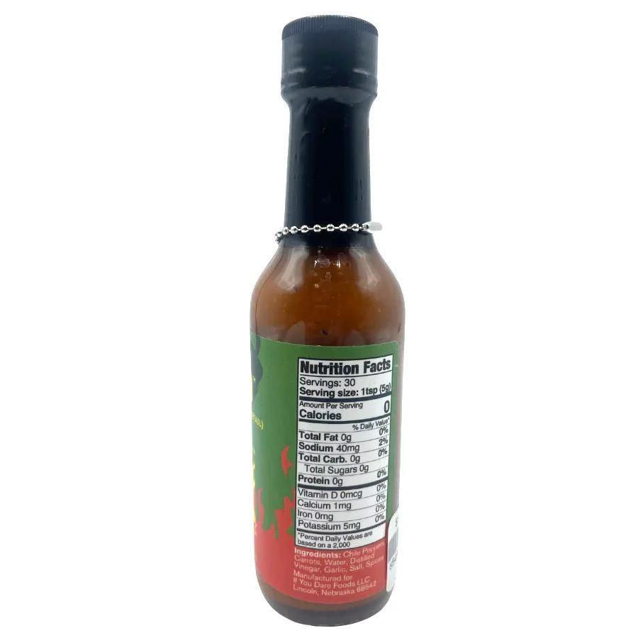 The nutrition fact label on the side of a bottle of Code 910 If You Dare Hot Sauce on a white background