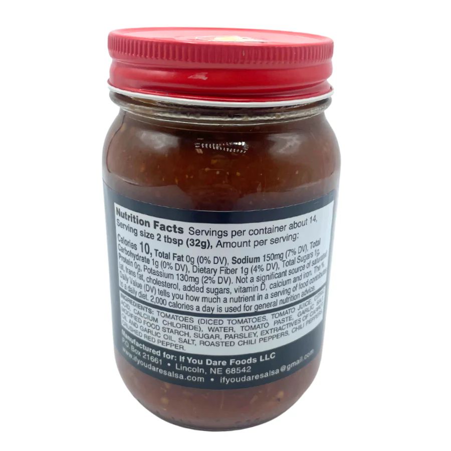 If You Dare Salsa: Fire in the Hole, nutrition fact label of the side of the jar on a white background